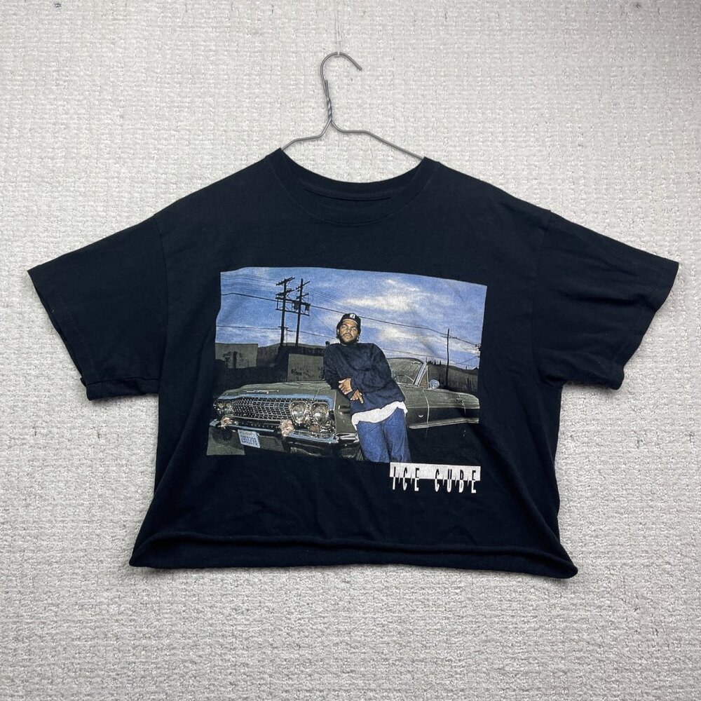 90s Style Ice Cube Graphic Crop Top T-Shirt Wom Sz M Black Distressed Hip Hop